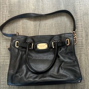 Michael Kors Black Leather Shoulder Tote with Rose Gold Hardware
